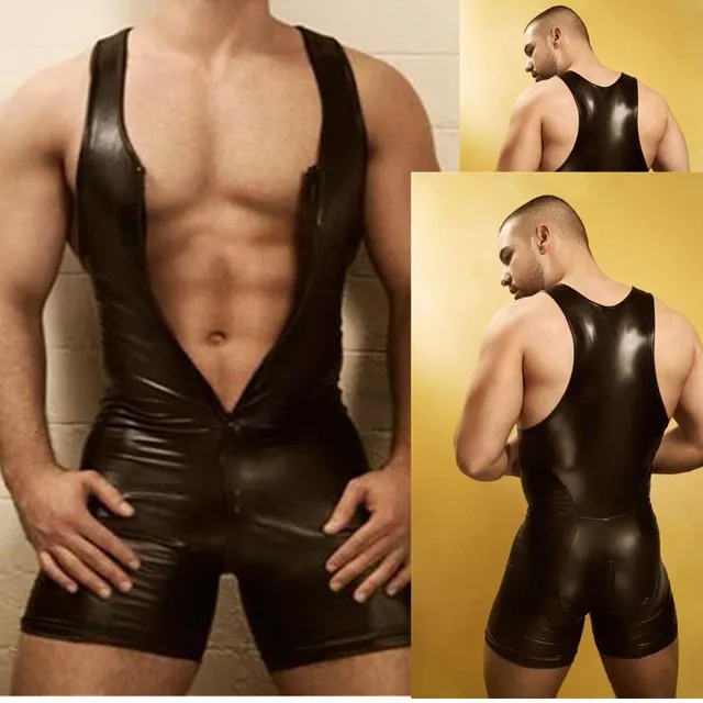 Men Lingerie Bodysuit Black Sexy Wetlook Faux Leather Zipper Open Bust Stretch Tight Kinkpod Male Sex Toys Men Lingerie Bodysuit Black Sexy Wetlook Faux Leather Zipper Open Bust Stretch Tight Kinkpod Male Sex Toys