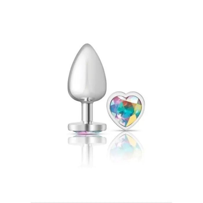 Cheeky Charms Anal Cheeky Charms Silver Metal Butt Plug w Heart Clear Jewel Large