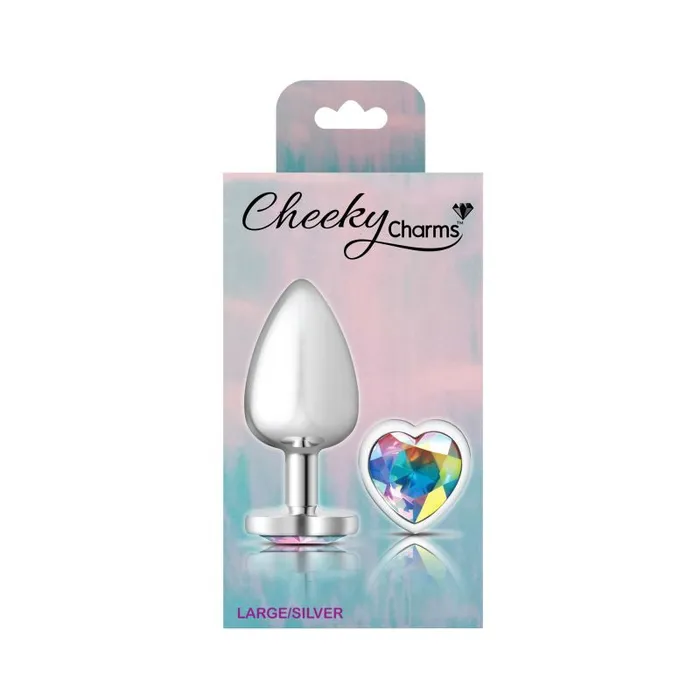 Cheeky Charms Anal Cheeky Charms Silver Metal Butt Plug w Heart Clear Jewel Large