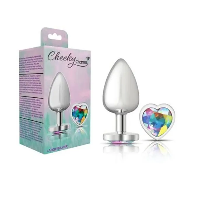 Cheeky Charms Anal Cheeky Charms Silver Metal Butt Plug w Heart Clear Jewel Large