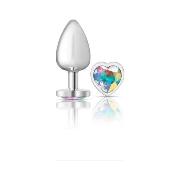 Cheeky Charms Anal Cheeky Charms Silver Metal Butt Plug w Heart Clear Jewel Large