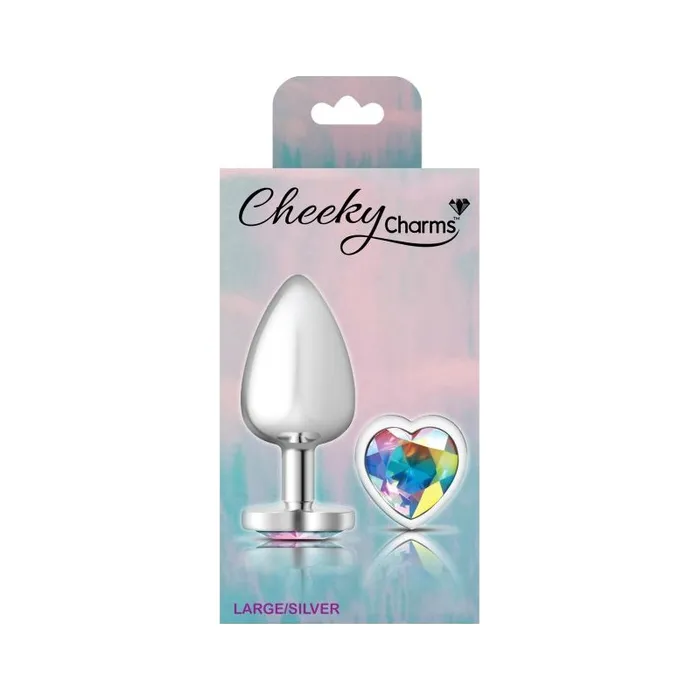 Cheeky Charms Anal Cheeky Charms Silver Metal Butt Plug w Heart Clear Jewel Large