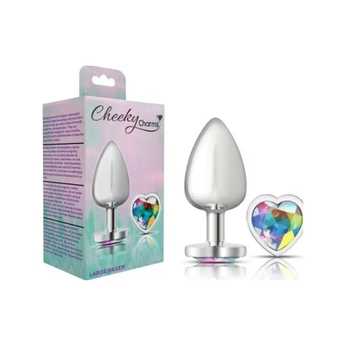 Cheeky Charms Anal Cheeky Charms Silver Metal Butt Plug w Heart Clear Jewel Large